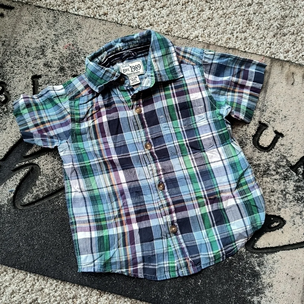 Children's Place Baby Boys Plaid Short Sleeve Dress Shirt Button Up 12-18 Months